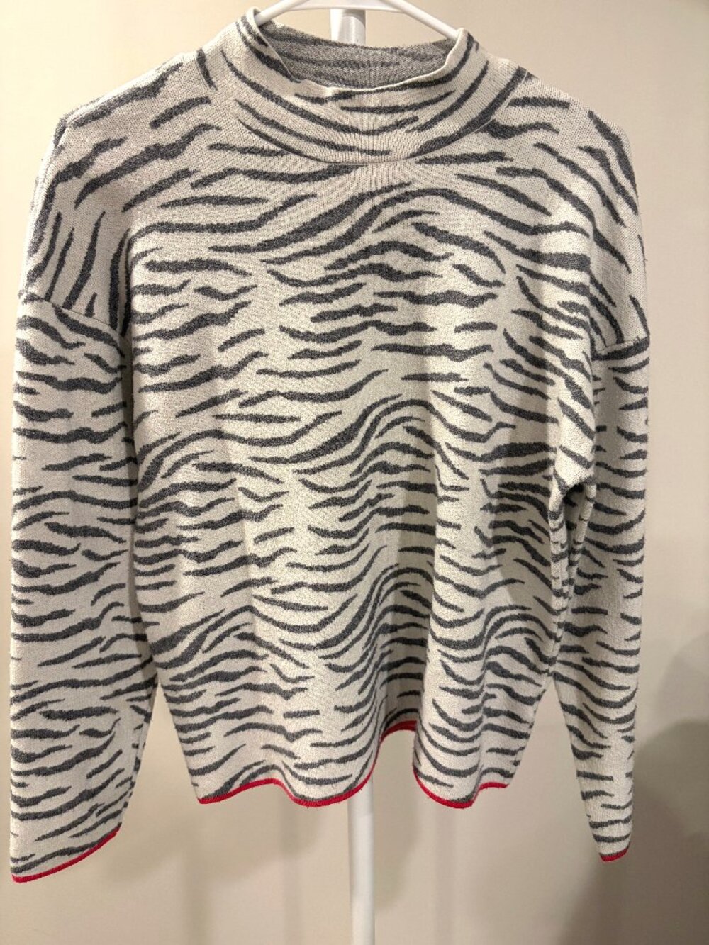 Anthropologie Zebra Print Edgy Boho Mod Sweater Red Trim Animal Knit Pullover